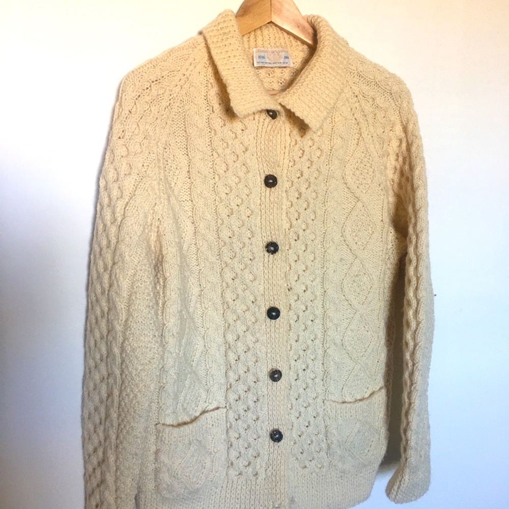 Irish Wool Fisherman’s Cardigan with Pockets. L/XL